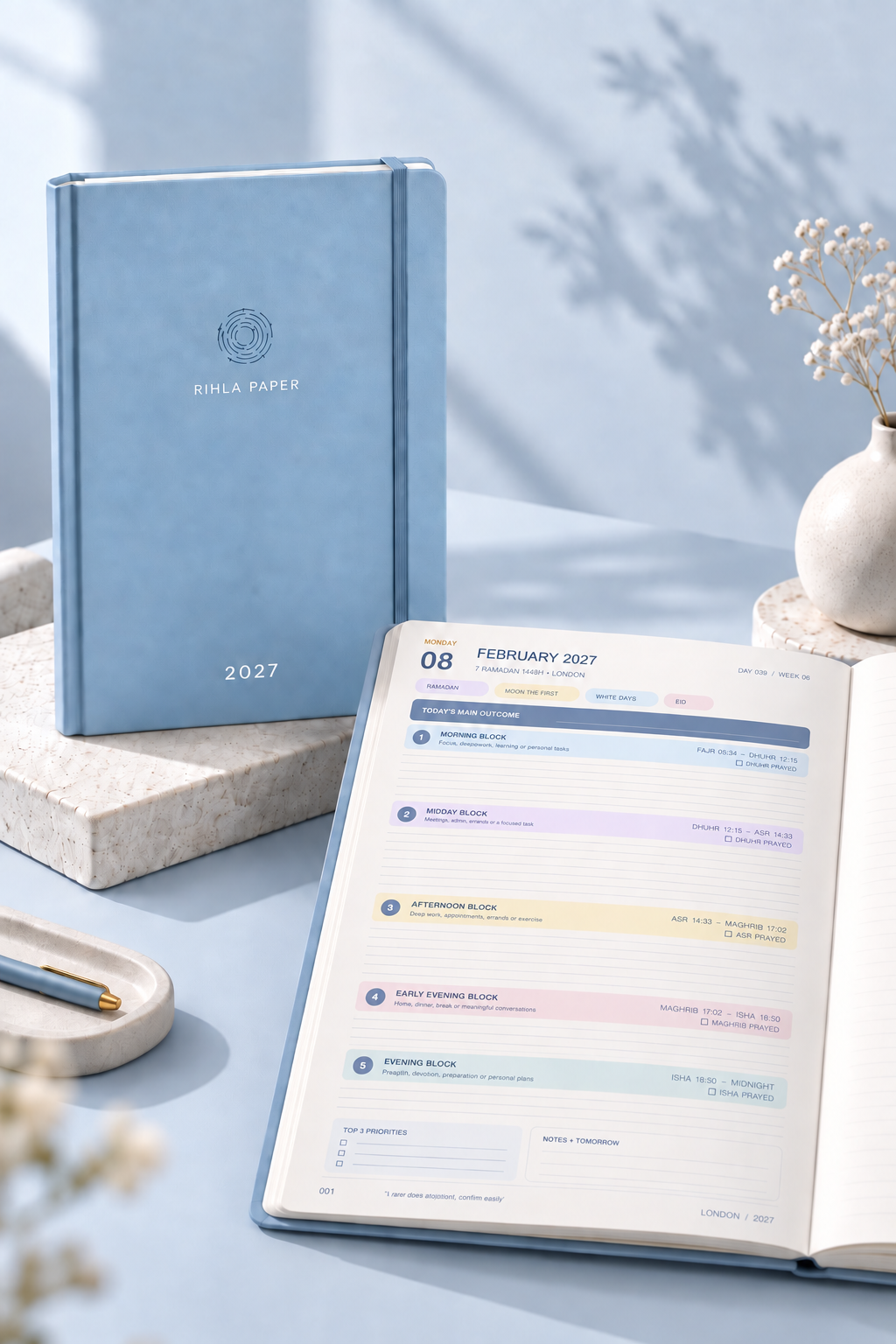 The proposed mist-blue cover and writing layout in a calm desk setting.