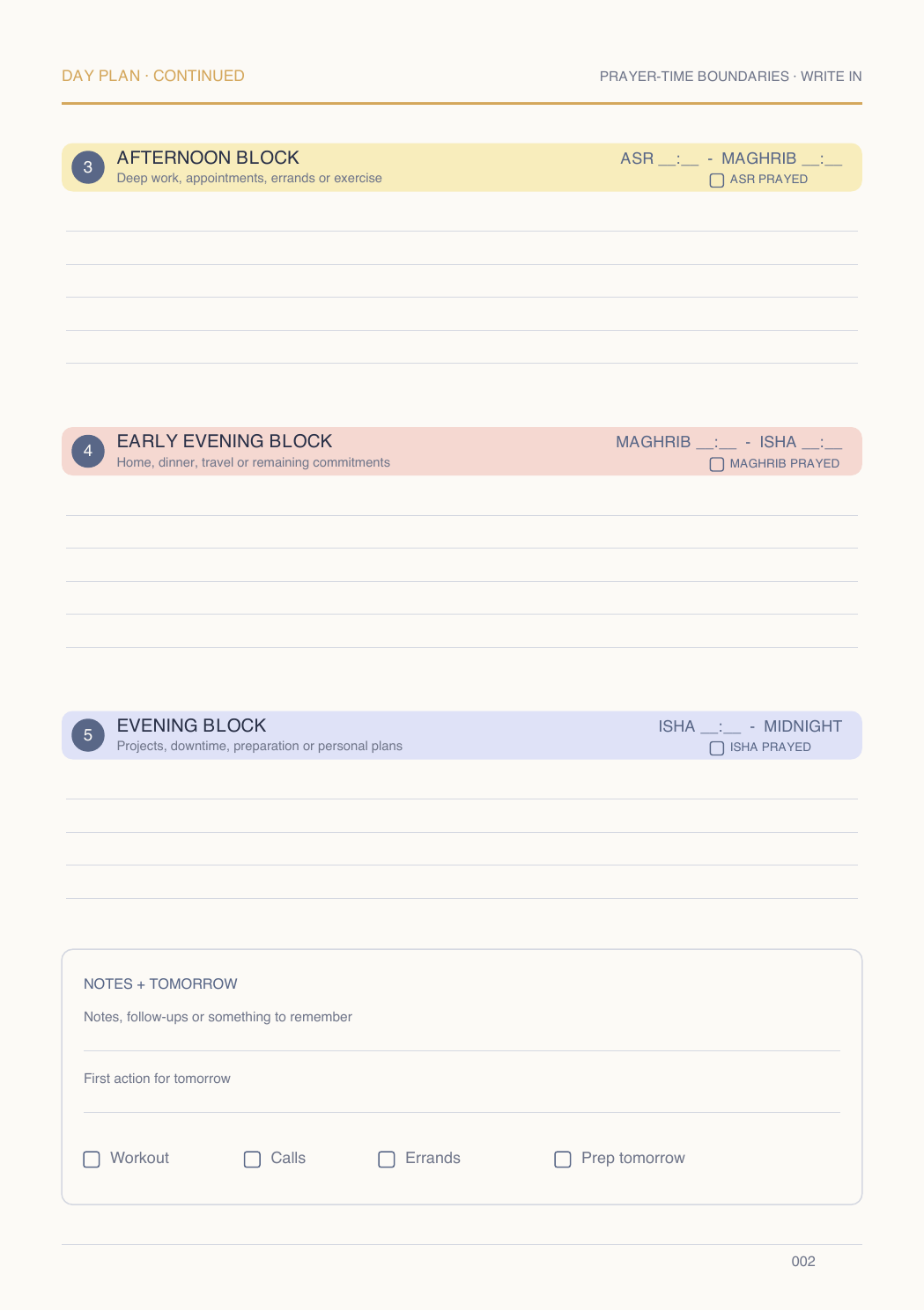 Right page of the Flexible Location A5 daily spread with blank prayer-time fields and notes